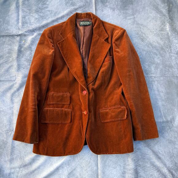 Women's Vintage 1970's Chaus Orange Velvet Retro Blazer Jacket Sz 13/14 Large - Picture 1 of 8